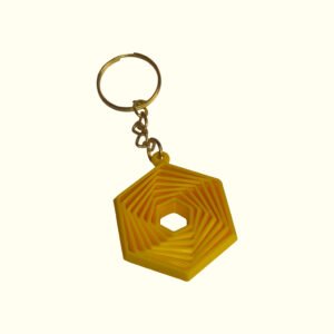 3D printed hexagon keychains in yellow, green and orange with layered ring design